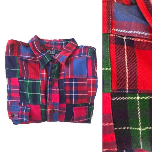 Vtg Rare Polo Ralph Lauren Patchwork Tartan Plaid Flannel Workshirt XXL 2XL - Picture 15 of 15